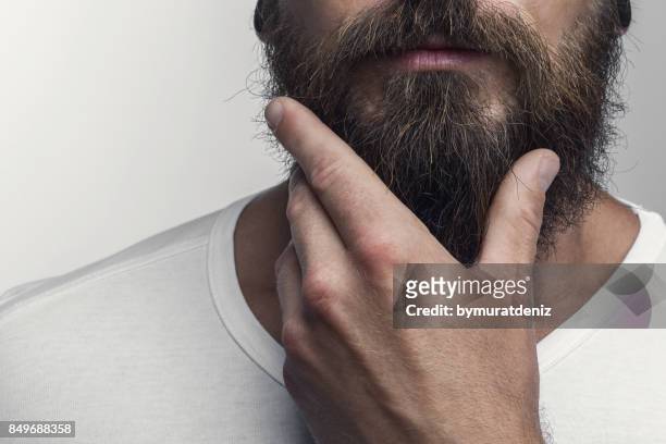 toccando la sua grande barba - barba peluria del viso foto e immagini stock