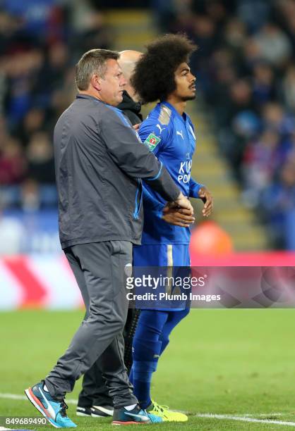 Manager Craig Shakespeare of Leicester City with substitute Hamza Choudhury of Leicester City during the Carabao Cup third round match between...