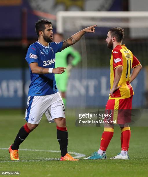 Candeias of Rangers celebrates after he scores his teams second goal during the Betfred League Cup Quarter Final at Firhill Stadium on September 19,...