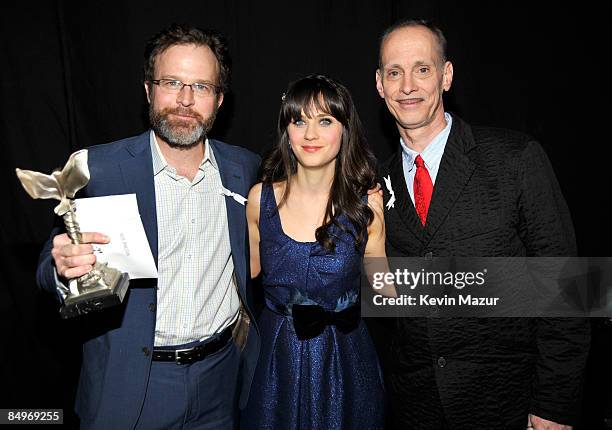 Director Tom McCarthy, actress Zooey Deschanel and director John Waters pose in the Trophy Room at Film Independent's 2009 Independent Spirit Awards...