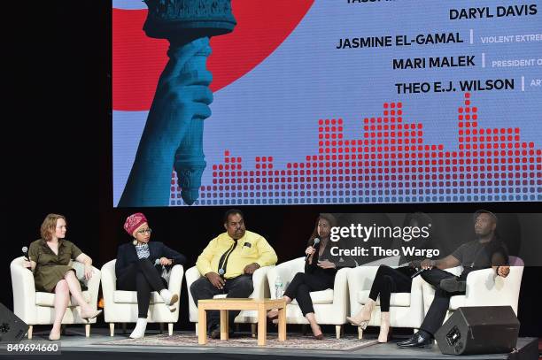 Lois Beckett, Yassmin Abdel-Magied, Daryl Davis, Jasmine El-Gamal, Mari Malek, and Theo E.J. Wilson speak onstage during Global Citizen: Movement...