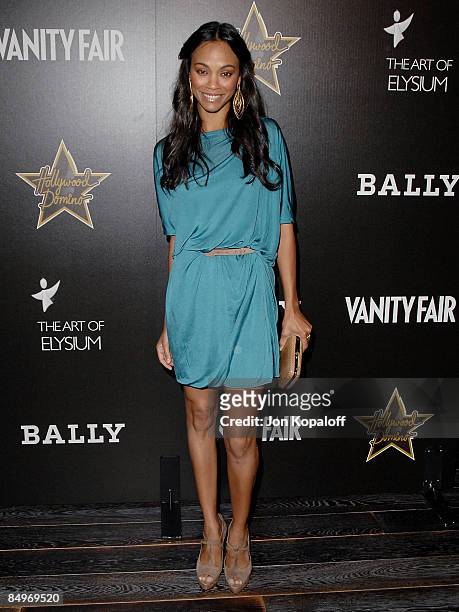 Actress Zoe Saldana arrives at the Vanity Fair and Bally's Hollywood Domino Art of Elysium Benefit Party at the Andaz Hotel on February 20, 2009 in...