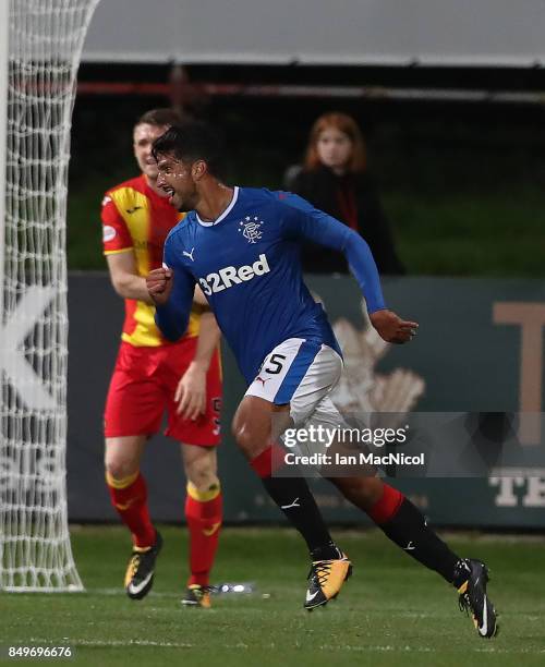 Eduardo Herrera of Rangers celebrates after he scores his teams third goal during the Betfred League Cup Quarter Final at Firhill Stadium on...