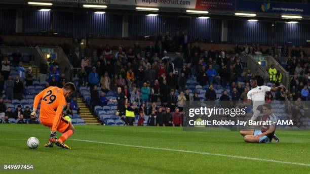 Hadi Sacko of Leeds United scores a goal to make it 0-1 during the Carabao Cup Third Round match between Burnley and Leeds United at Turf Moor on...