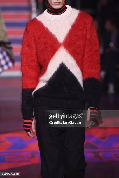 Model,outfit detail, walks the runway during Tommy Hilfiger TOMMYNOW Fall 2017 show during the London Fashion Week at The Roundhouse on September 19,...