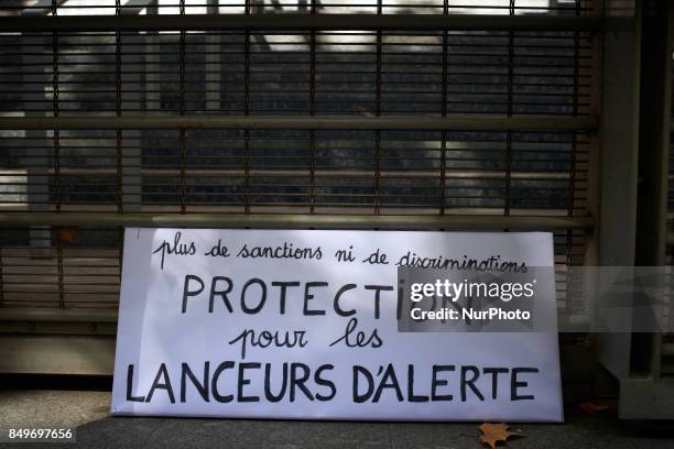 Placard reading 'no more sanctions nor discriminations, protection for whistleblowers' during the hearing of Celine Boussie, French whistleblower and...