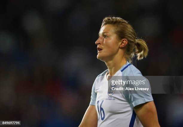 Ellen White of England looks on during the FIFA Women's World Cup Qualifier between England and Russia at Prenton Park on September 19, 2017 in...