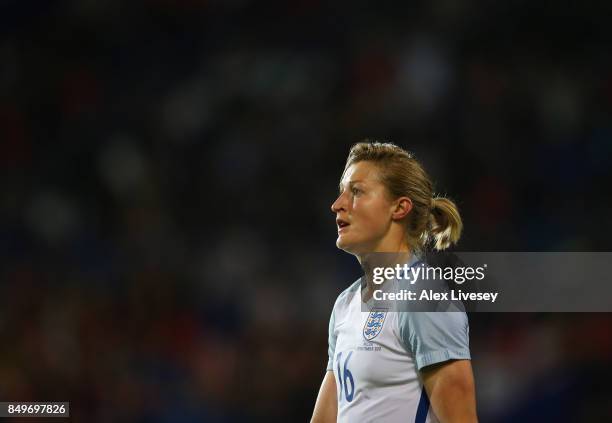 Ellen White of England looks on during the FIFA Women's World Cup Qualifier between England and Russia at Prenton Park on September 19, 2017 in...