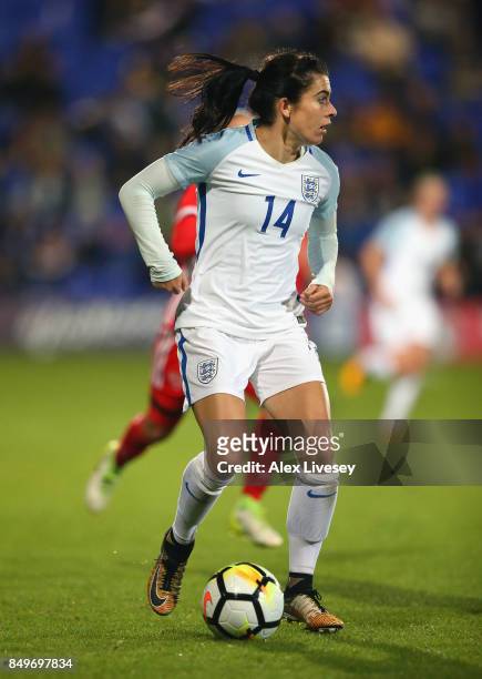 Karen Carney of England runs with the ball during the FIFA Women's World Cup Qualifier between England and Russia at Prenton Park on September 19,...