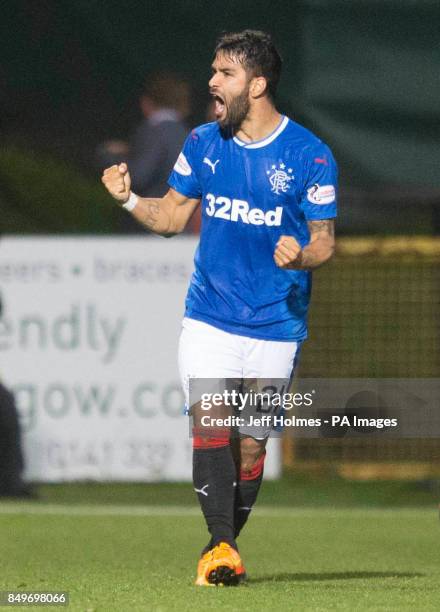 Rangers Daniel Candeias celebrates scoring his side's second goal of the game during the Betfred Cup, Quarter Final match at the Firhill Stadium,...