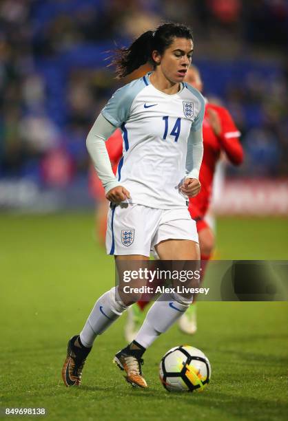 Karen Carney of England runs with the ball during the FIFA Women's World Cup Qualifier between England and Russia at Prenton Park on September 19,...