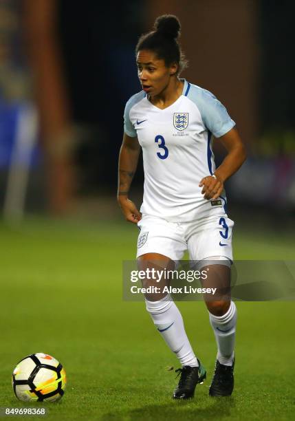 Demi Stokes of England runs with the ball during the FIFA Women's World Cup Qualifier between England and Russia at Prenton Park on September 19,...