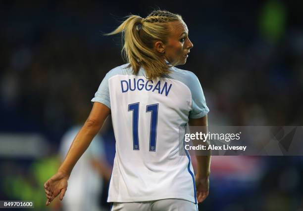 Toni Duggan of England looks on during the FIFA Women's World Cup Qualifier between England and Russia at Prenton Park on September 19, 2017 in...