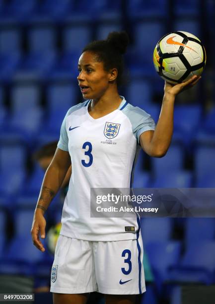 Demi Stokes of England takes a throw in during the FIFA Women's World Cup Qualifier between England and Russia at Prenton Park on September 19, 2017...