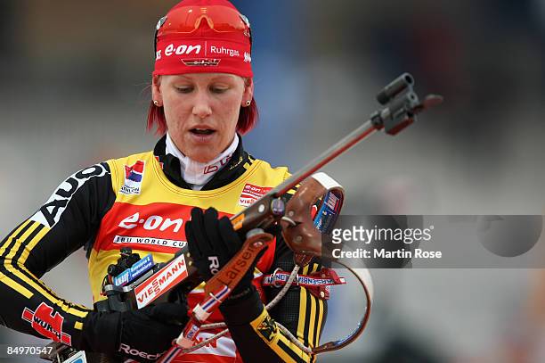 Kati Wilhelm of Germany shoots prior the Women's 12,5 km mass start of the IBU Biathlon World Championships on February 22, 2009 in Pyeongchang,...