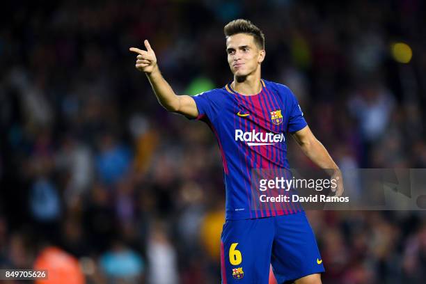 Denis Suarez of FC Barcelona celebrates after scoring his team's third goal during the La Liga match between Barcelona and SD Eibar at Camp Nou on...