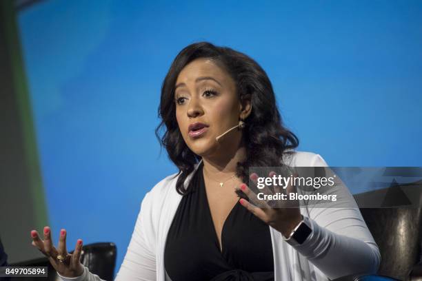 Julia Collins, co-founder and chief executive officer of Zume Pizza, speaks during the TechCrunch Disrupt 2017 in San Francisco, California, U.S., on...
