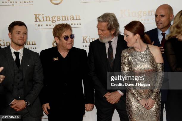 Taron Egerton, Elton John, Jeff Bridges, Julianne Moore and Mark Strong attend the 'Kingsman: The Golden Circle' World Premiere held at Odeon...