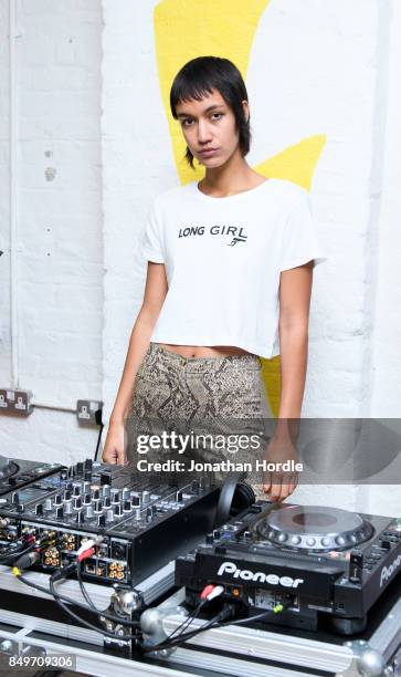 Slaya attends the showcase of the Alexandra Long SS18 collection at Enver House on September 19, 2017 in London, England.