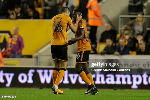 Bright Enobakhare of Wolverhampton Wanderers celebrates with Conor Coady following his goal during the Carabao Cup tie between Wolverhampton...