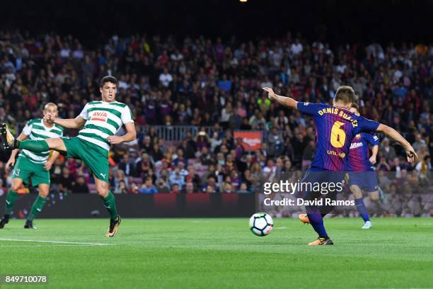 Denis Suarez of FC Barcelona scores his team's third goal during the La Liga match between Barcelona and SD Eibar at Camp Nou on September 19, 2017...