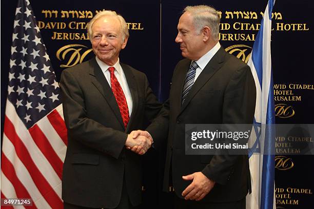 Israeli Likud leader Benjamin Netanyahu shakes hands with US Senator Joe Lieberman , on February 22, 2009 in Jerusalem, Israel. Israel's Prime...