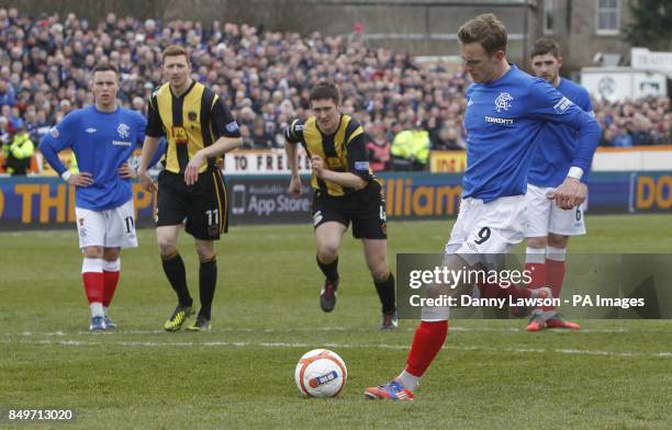 Rangers Dean Shiels scores during the IRN-BRU Scottish Third Division match at Shielfield Park, Berwick.