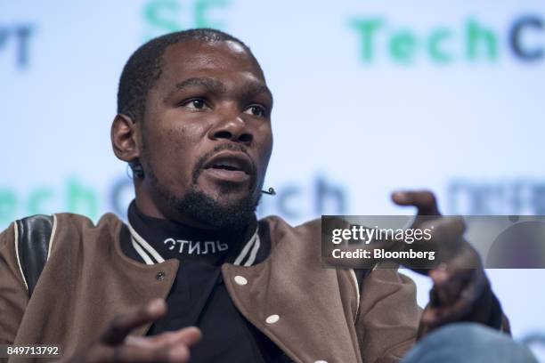 Kevin Durant, a professional basketball player with the National Basketball Association's Golden State Warriors, speaks during the TechCrunch Disrupt...