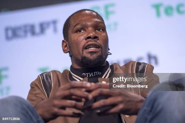 Kevin Durant, a professional basketball player with the National Basketball Association's Golden State Warriors, speaks during the TechCrunch Disrupt...