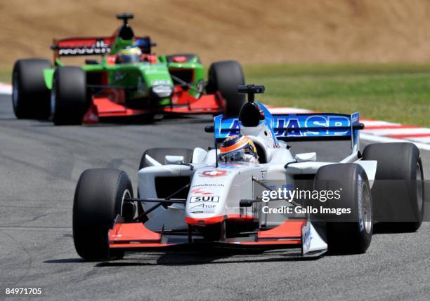 Neel Jani of Switzerland followed by Filipe Albuquerque of Portugal during the A1 GP Sprint Race held at Kyalami race track on February 22, 2009 in...