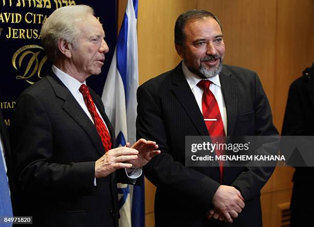 Senator Joe Lieberman stands with Yisrael Beiteinu party leader Avigdor Lieberman in Jerusalem on February 22, 2009. Israeli hawk Benjamin Netanyahu...