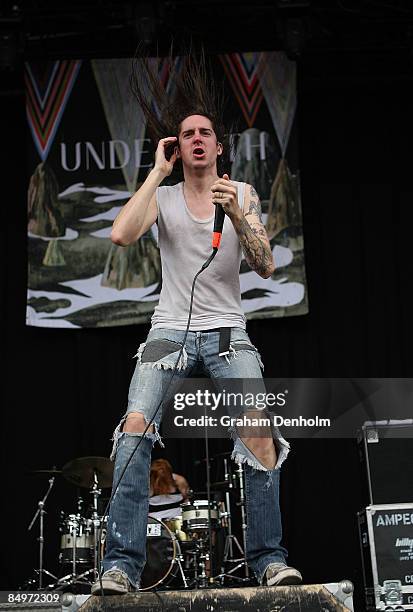 Spencer Chamberlain of US band Underoath performs on stage during the Soundwave Festival on February 22, 2009 in Sydney, Australia.