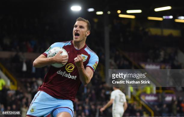 Chris Wood of Burnley celebrates after scoring a penalty during the Carabao Cup Third Round match between Burnley and Leeds United at Turf Moor on...