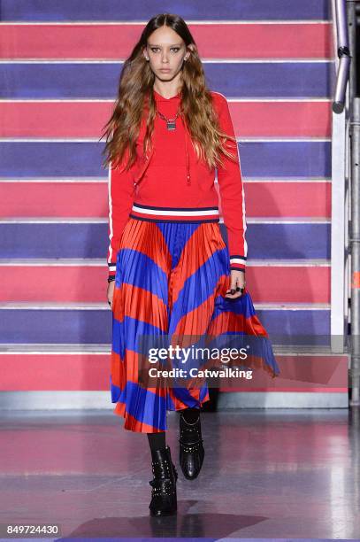 Model walks the runway at the TOMMYNOW by Tommy Hilfiger Fall Winter 2017 fashion show during London Fashion Week on September 19, 2017 in London,...
