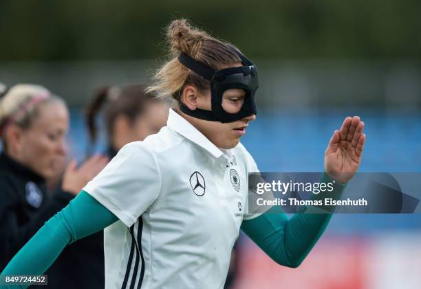 Babett Peter of Germany reacts prior the 2019 FIFA Women's World Championship Qualifier match between Czech Republic Women's and Germany Women's at...