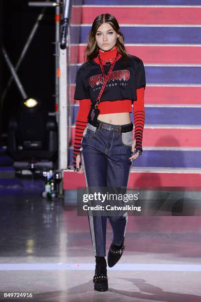 Model walks the runway at the TOMMYNOW by Tommy Hilfiger Fall Winter 2017 fashion show during London Fashion Week on September 19, 2017 in London,...