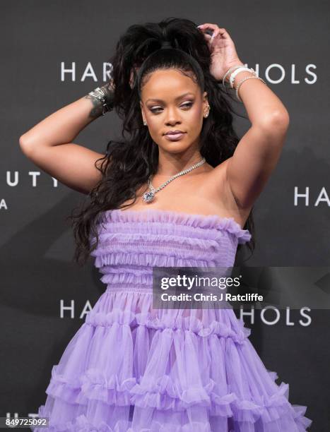 Rihanna attends the 'FENTY Beauty' by Rihanna launch at Harvey Nichols Knightsbridge on September 19, 2017 in London, England.