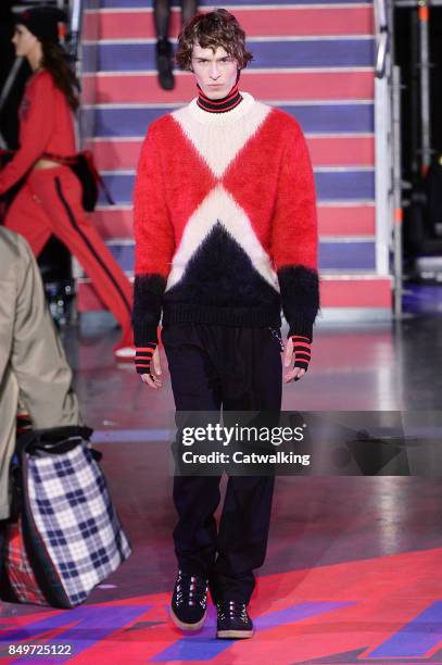 Model walks the runway at the TOMMYNOW by Tommy Hilfiger Fall Winter 2017 fashion show during London Fashion Week on September 19, 2017 in London,...