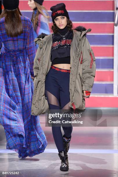 Model walks the runway at the TOMMYNOW by Tommy Hilfiger Fall Winter 2017 fashion show during London Fashion Week on September 19, 2017 in London,...