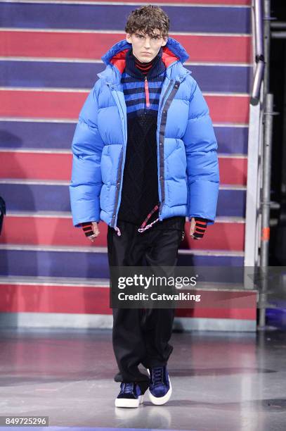 Model walks the runway at the TOMMYNOW by Tommy Hilfiger Fall Winter 2017 fashion show during London Fashion Week on September 19, 2017 in London,...