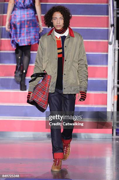 Model walks the runway at the TOMMYNOW by Tommy Hilfiger Fall Winter 2017 fashion show during London Fashion Week on September 19, 2017 in London,...