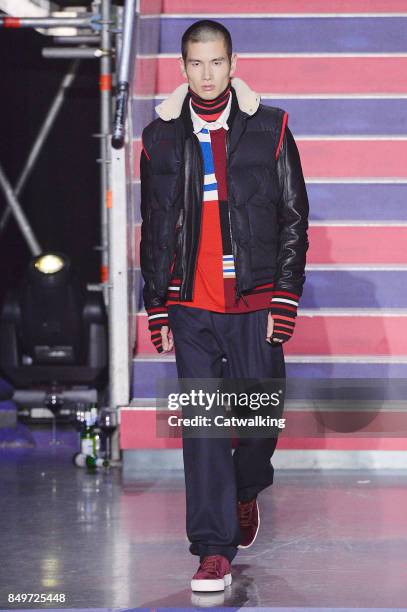 Model walks the runway at the TOMMYNOW by Tommy Hilfiger Fall Winter 2017 fashion show during London Fashion Week on September 19, 2017 in London,...