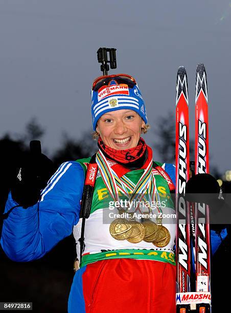 Olga Zaitseva of Russia takes first place during the IBU Biathlon World Championships Women's Mass Start event on February 22, 2009 in Pyeongchang,...