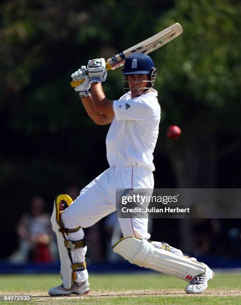 Alastair Cook of England hits out during day one of the BCA President's XI verus England at Windward Cricket Club Ground on February 22, 2009 in St....