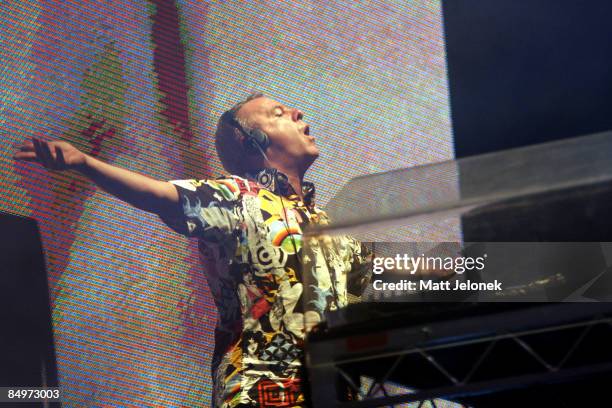 Fatboy Slim performs on stage during the Good Vibrations Festival 2009 on Harrison Island on February 22, 2009 in Perth, Australia.