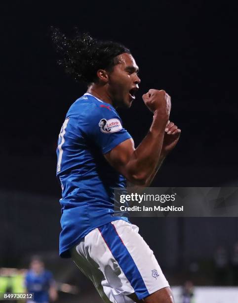 Carlos Alberto Pena of Rangers celebrates after he scores the opening goal of the game during the Betfred League Cup Quarter Final at Firhill Stadium...