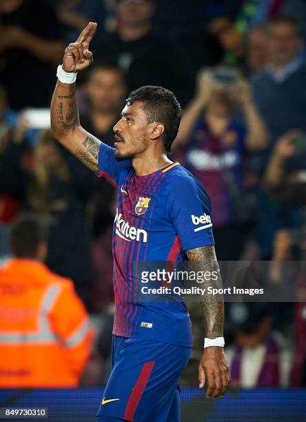 Paulinho Bezerra of Barcelona celebrates after scoring a goal during the La Liga match between Barcelona and Eibar at Camp Nou on September 19, 2017...