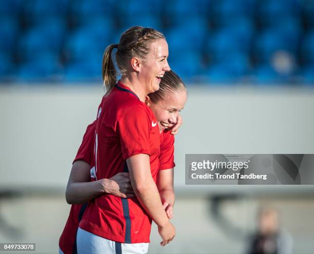 Kristine Minde, Guro Reiten of Norway during the FIFA 2018 World Cup Qualifier between Norway and Slovakia at Sarpsborg Stadion on September 19, 2017...