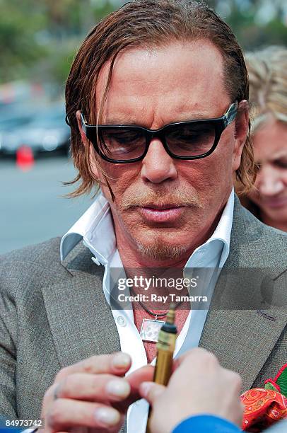 Actor Mickey Rourke walks in Santa Monica on February 21, 2009 in Santa Monica, California.