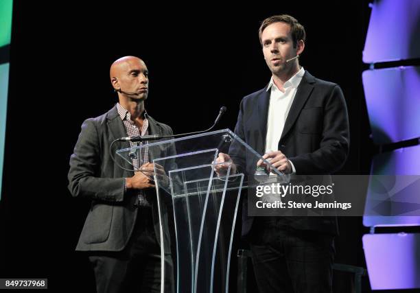 Ventures Co-Founder Adrian Fenty and Citizen Founder and CEO Andrew Frame speak onstage during TechCrunch Disrupt SF 2017 at Pier 48 on September 19,...